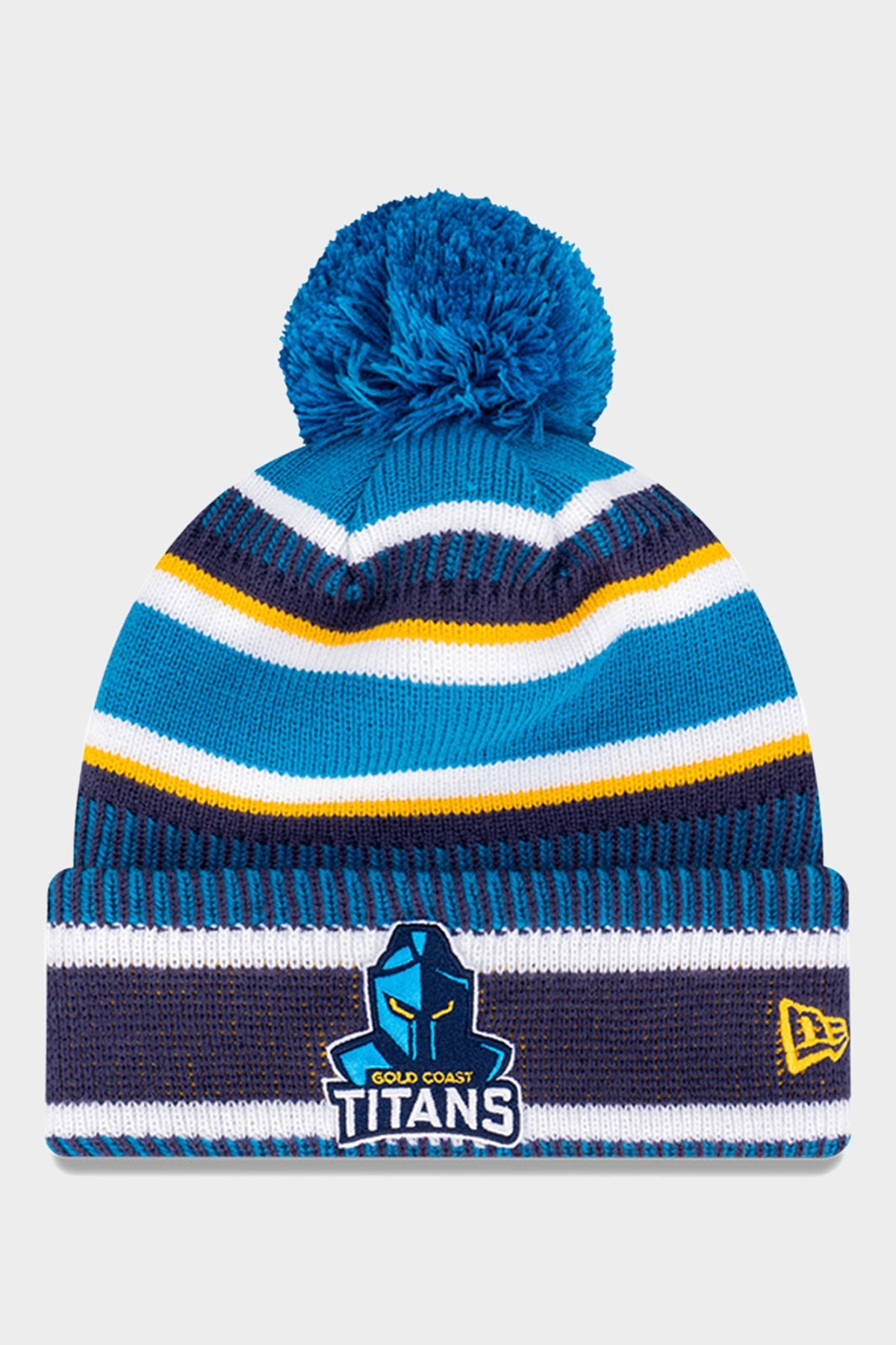 New Era Gold Coast Titans Med Blue Pom Knit Cuff Wordmark